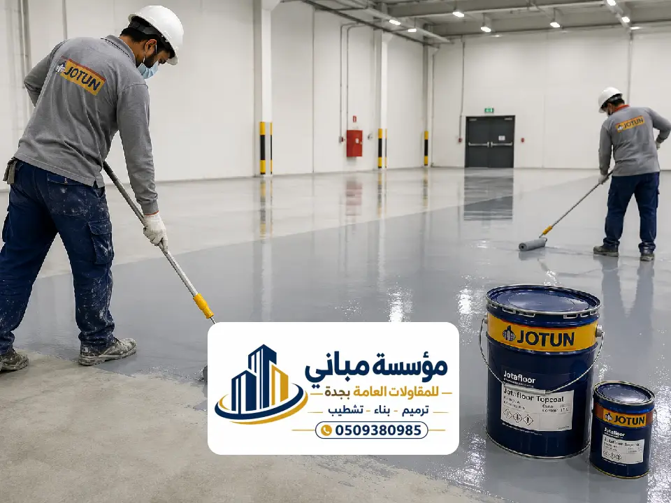 فني يطبق دهانات إيبوكسي للأرضيات في جدة داخل مستودع بتشطيب احترافي.